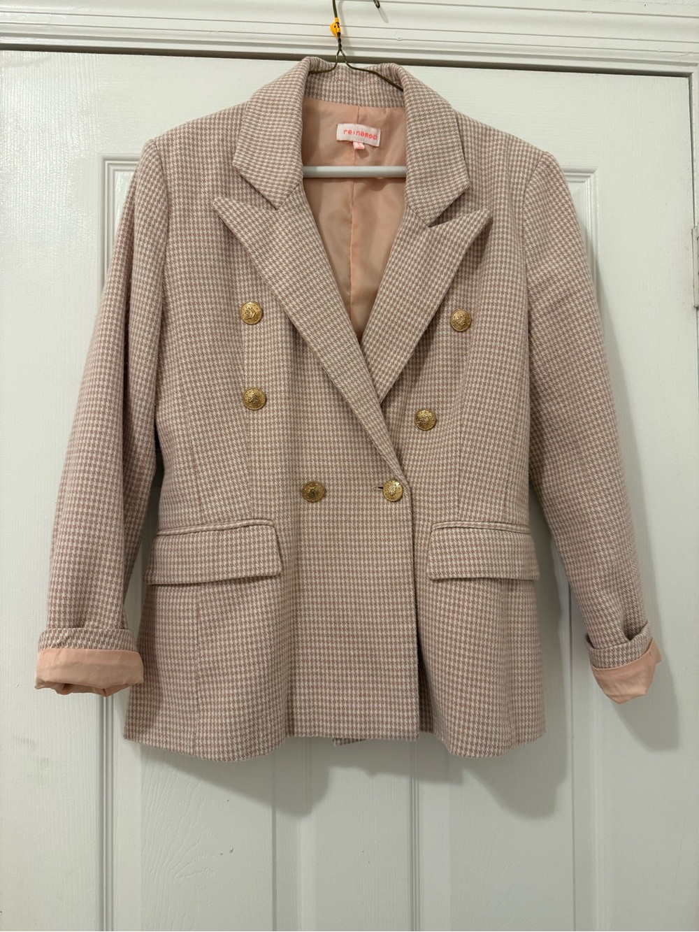 re:named Blush Pink Houndstooth Double-Breasted Blazer with Gold Buttons